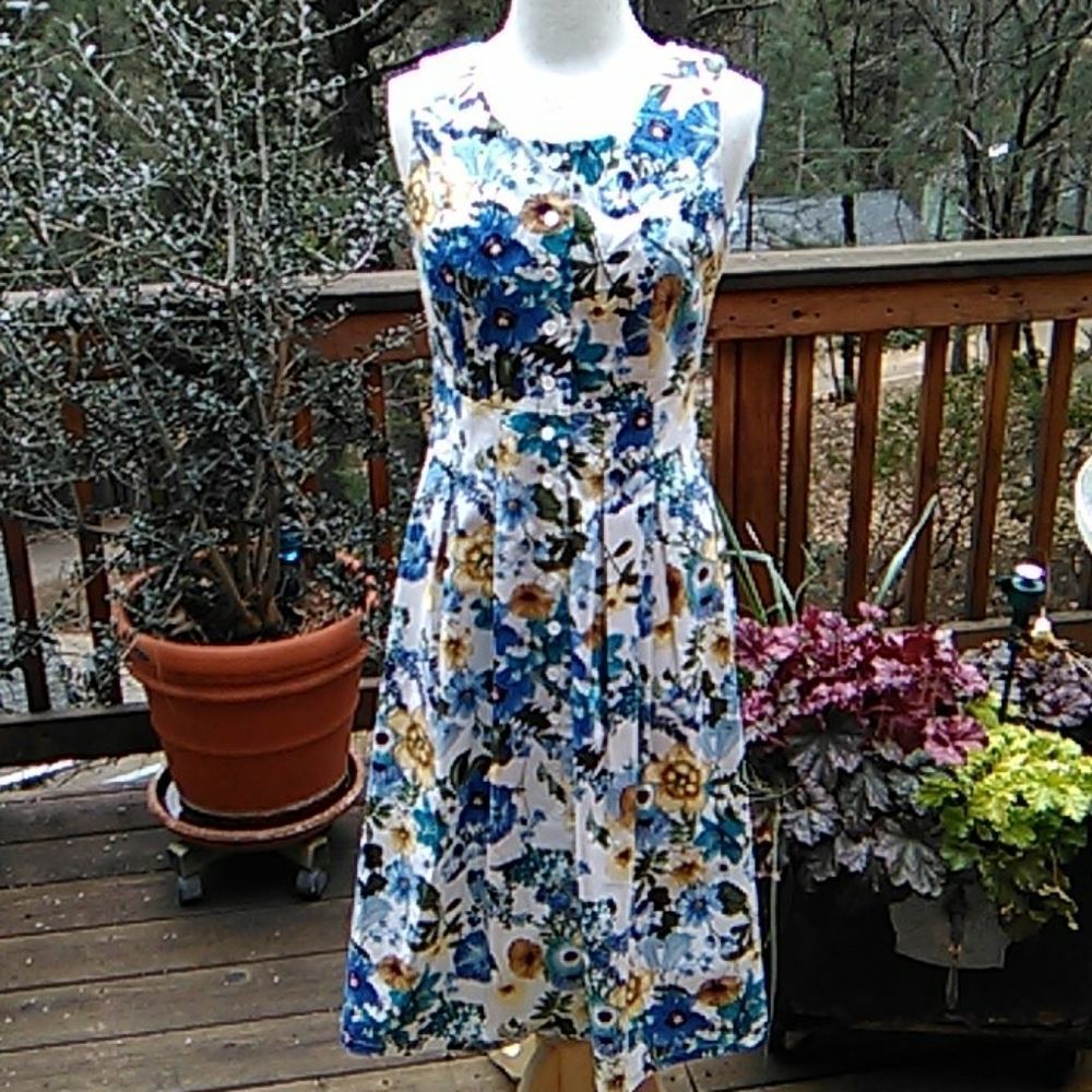 Chadwicks White Floral Midi Dress with Blue and Yellow Print